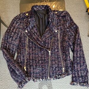 Zara (S) cotton tweed moto jacket, with frayed edges, in blue & red.